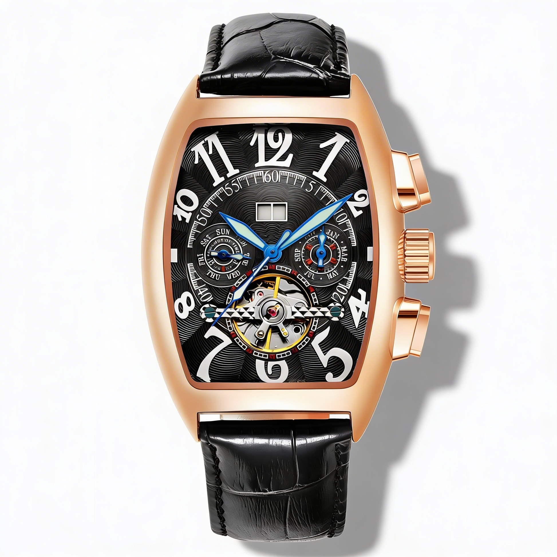 Men's Tonneau Skeleton Dial Stainless Steel Dress Watch with unique luminous design.