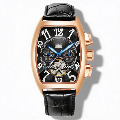 Men's Tonneau Skeleton Dial Stainless Steel Dress Watch with unique luminous design.