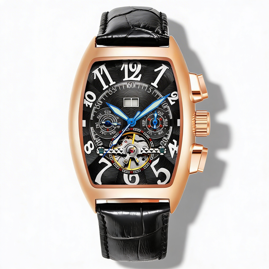 Men's Tonneau Skeleton Dial Stainless Steel Dress Watch with unique luminous design.