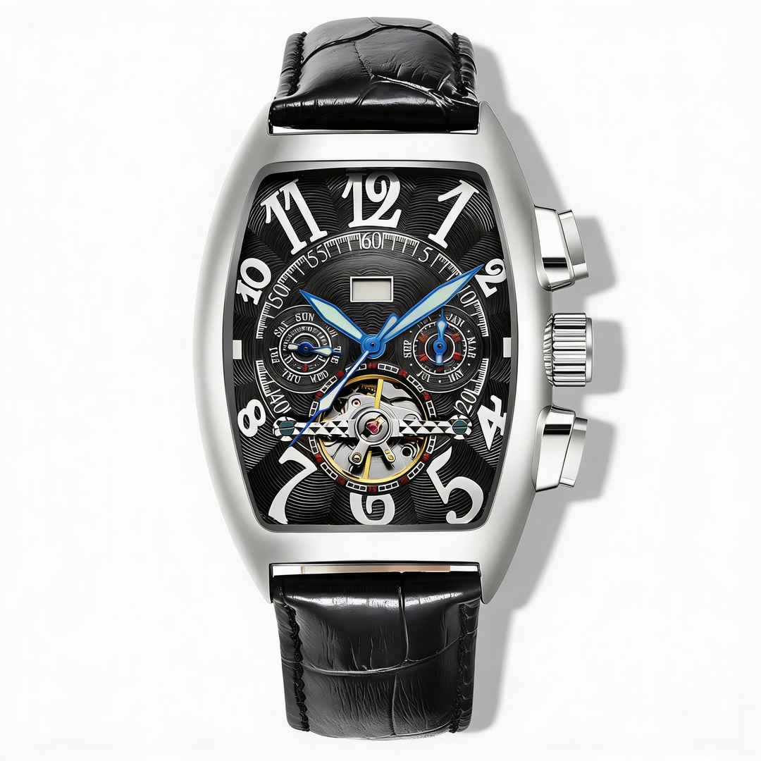 Unique Men's Tonneau Skeleton Watch. Stainless steel timepiece, a sophisticated accessory for men.