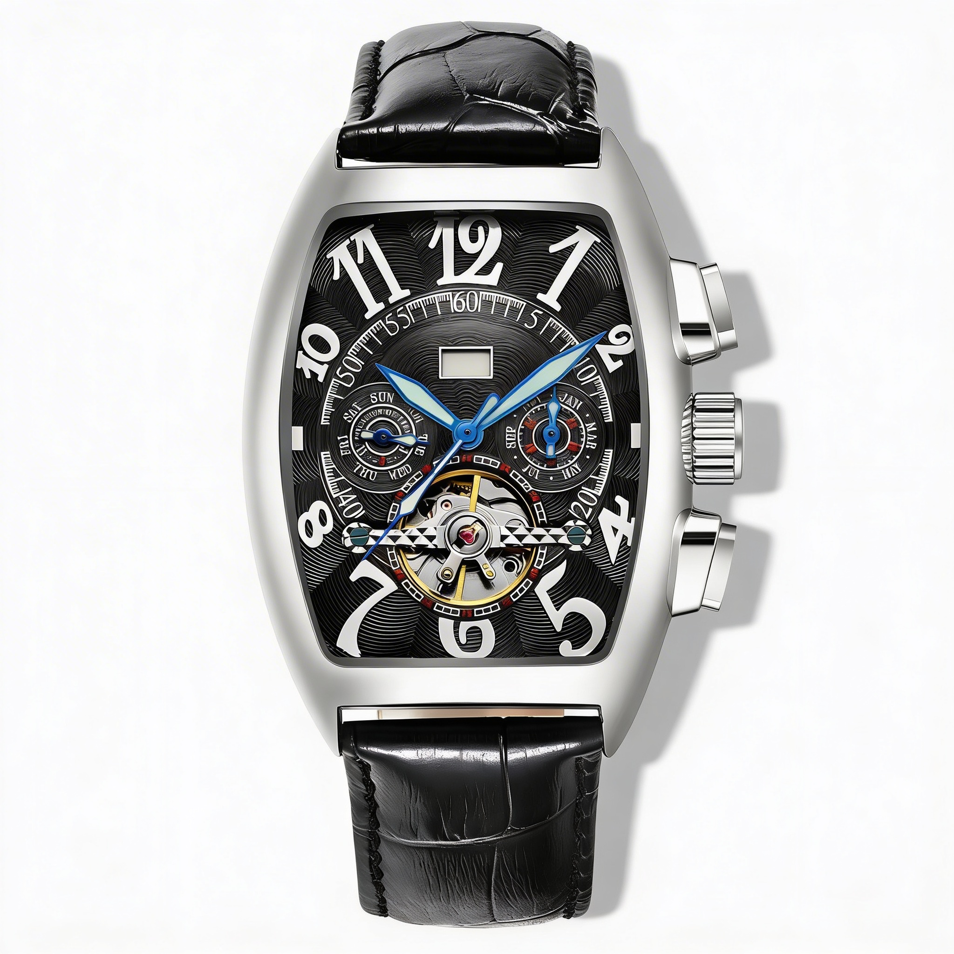 Unique Men's Tonneau Skeleton Watch. Stainless steel timepiece, a sophisticated accessory for men.