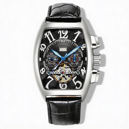 Unique Men's Tonneau Skeleton Watch. Stainless steel timepiece, a sophisticated accessory for men.
