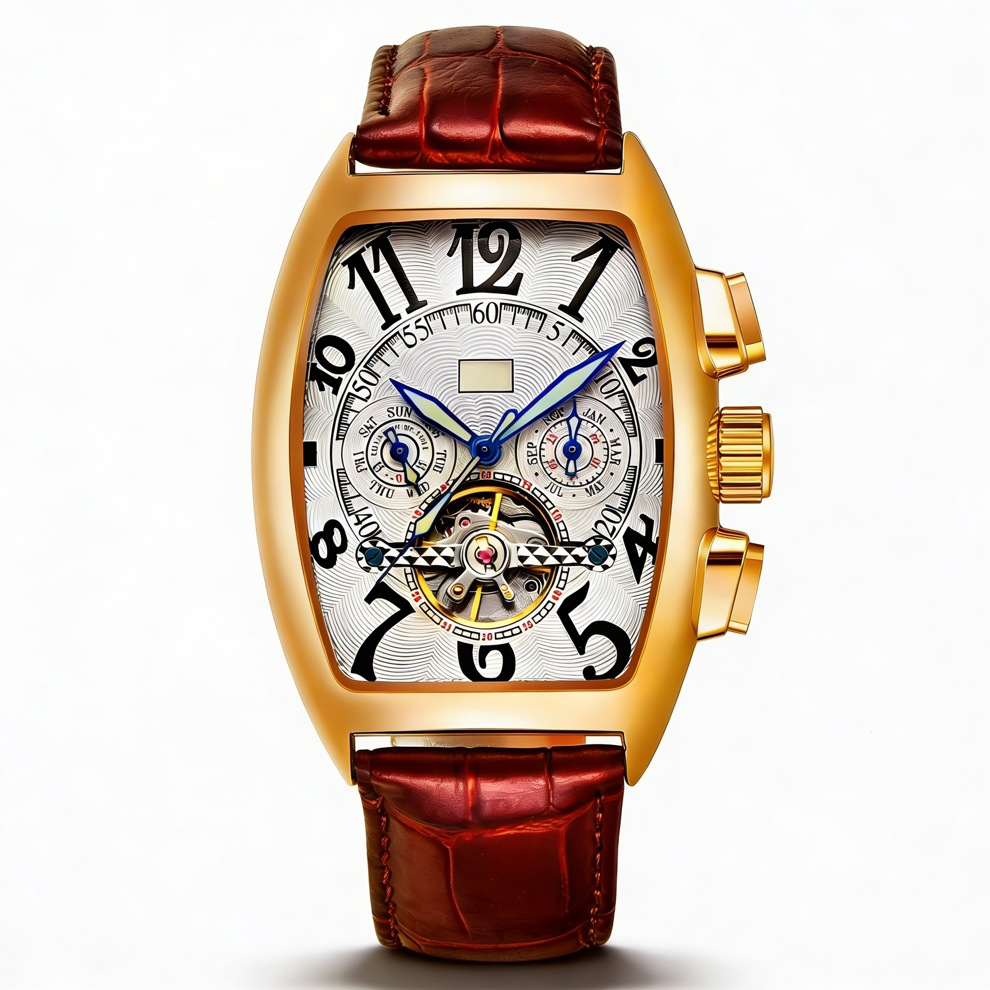Luxury Men's Tonneau Skeleton Wristwatch with visible gears. Stainless steel case, a sophisticated timepiece.