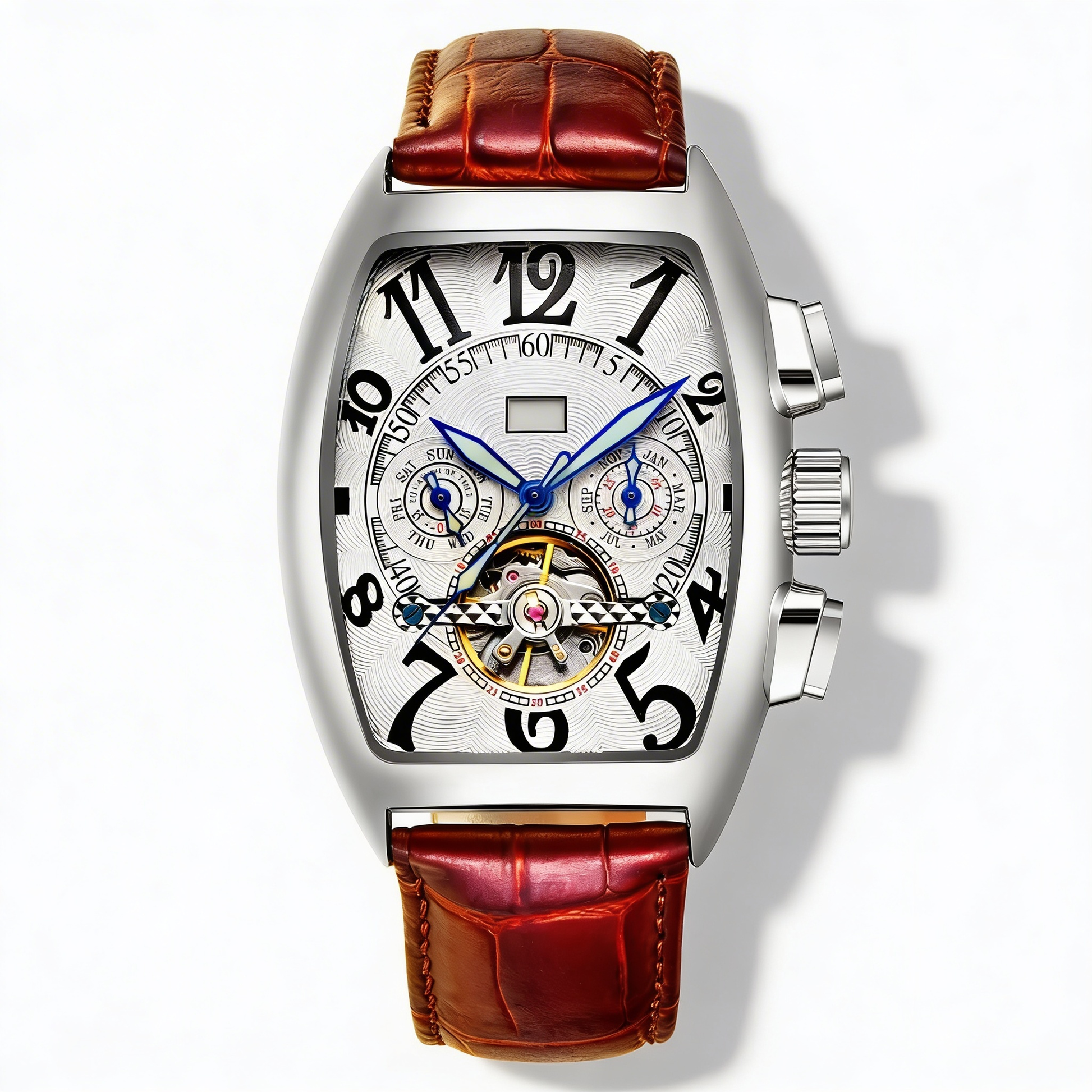 Elegant Men's Tonneau Skeleton Watch. Stainless steel dress watch, a distinctive accessory for modern men.