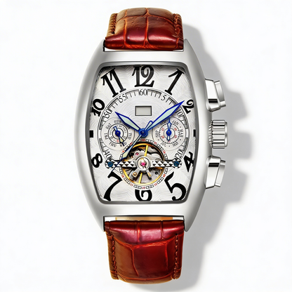 Elegant Men's Tonneau Skeleton Watch. Stainless steel dress watch, a distinctive accessory for modern men.