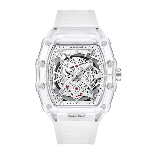 Men's transparent mechanical watch with visible intricate gears & movement, a unique sophisticated timepiece.