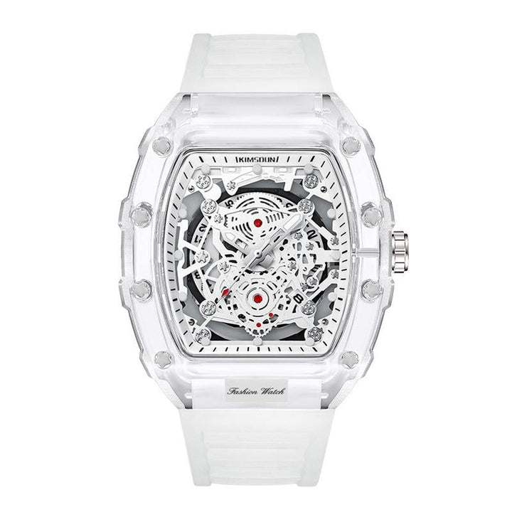 Men's transparent mechanical watch with visible intricate gears & movement, a unique sophisticated timepiece.