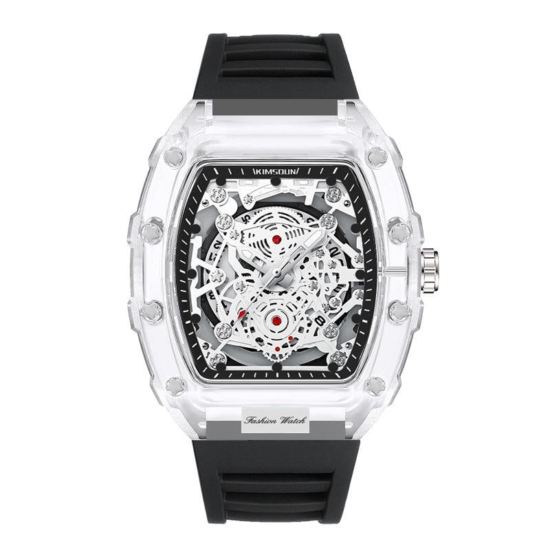 Stylish men's mechanical watch featuring a transparent case, showcasing intricate gears. Modern and eye-catching.