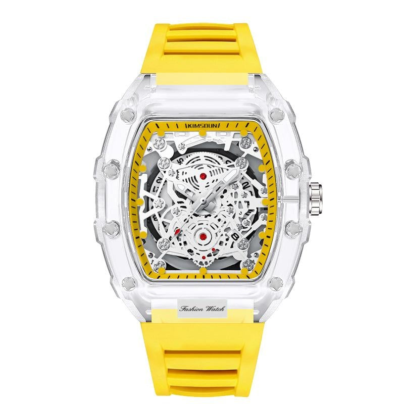 Close-up of a men's transparent gear mechanical watch, highlighting its precise internal movement and sophisticated design.
