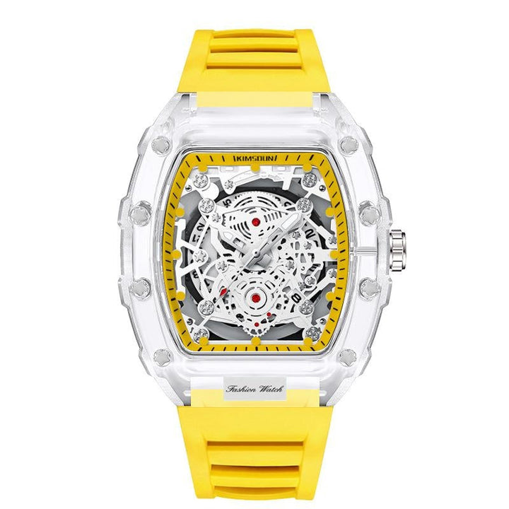 Close-up of a men's transparent gear mechanical watch, highlighting its precise internal movement and sophisticated design.