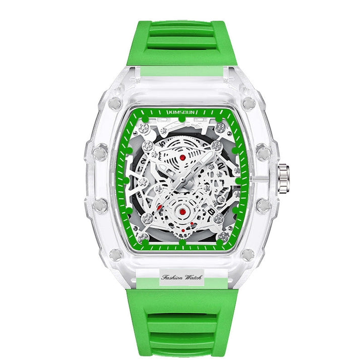 Elegant men's transparent mechanical watch with exposed gears and a sleek design, perfect for a sophisticated look.