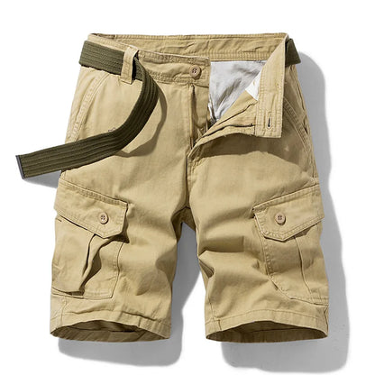 Men's Trey versatile cargo shorts in tan with secure zip pockets, perfect for casual summer wear.