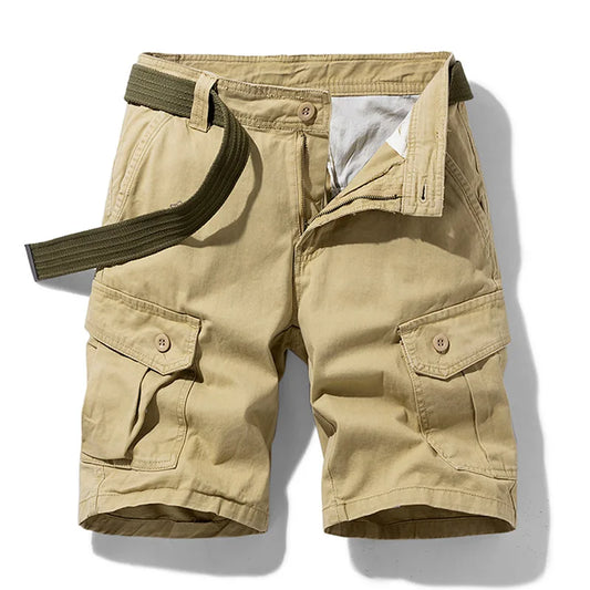 Men's Trey versatile cargo shorts in tan with secure zip pockets, perfect for casual summer wear.