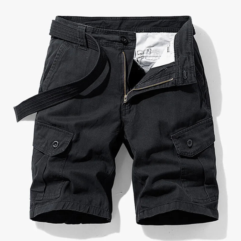 Grey men's versatile cargo shorts with secure pockets, perfect for hiking, travel, and casual outings.