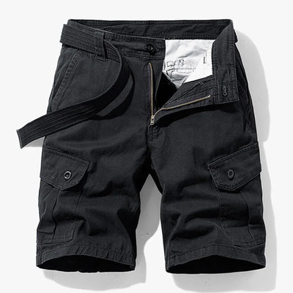 Grey men's versatile cargo shorts with secure pockets, perfect for hiking, travel, and casual outings.