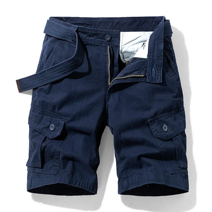Close-up of secure zip pocket on men's Trey cargo shorts, highlighting durable fabric and practical design.