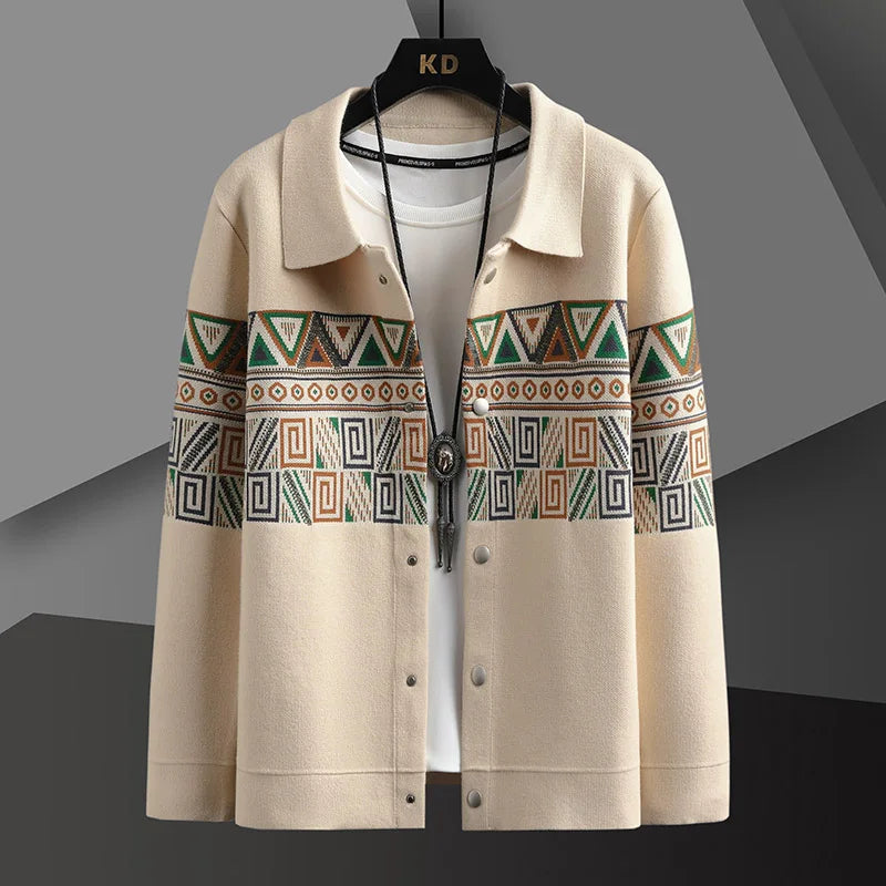 Men's tribal knit cardigan jacket featuring a unique Aztec pattern, perfect for fall fashion and layering.