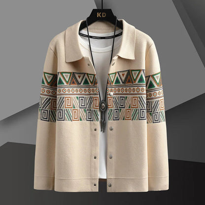 Men's tribal knit cardigan jacket featuring a unique Aztec pattern, perfect for fall fashion and layering.