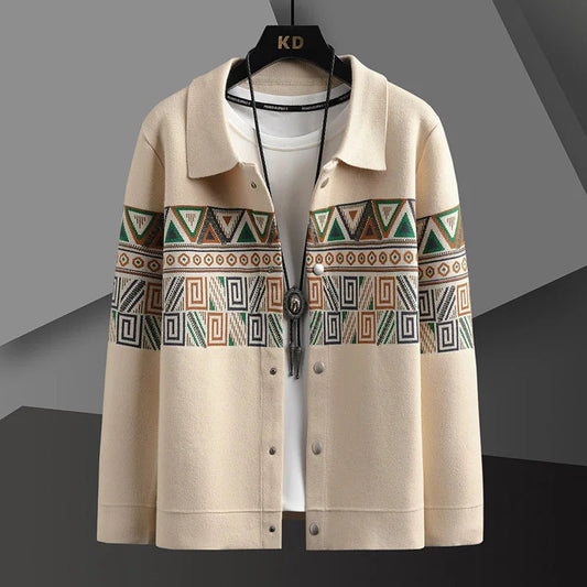 Men's tribal knit cardigan jacket featuring a unique Aztec pattern, perfect for fall fashion and layering.