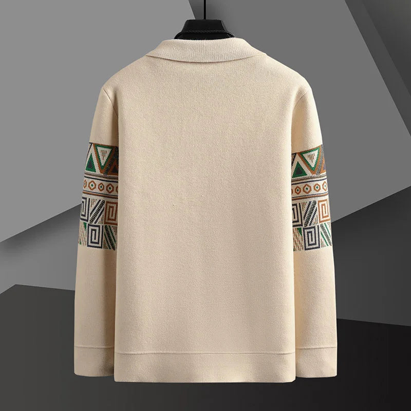 Comfortable men's knit tribal cardigan with an Aztec pattern, button-up, ideal for casual winter wear.