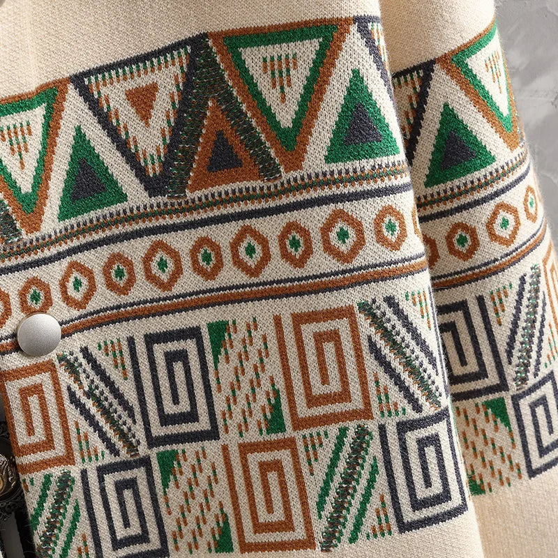 Stylish men's outerwear: knit tribal jacket with a distinctive Aztec pattern for a relaxed, trendy look.