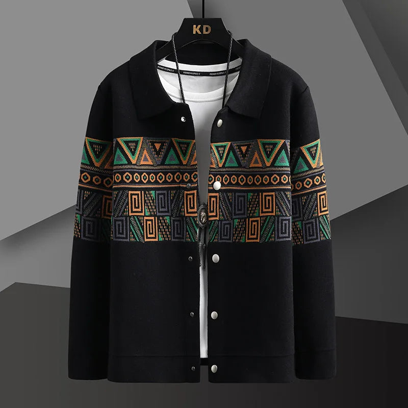 Relaxed fit men's tribal knit cardigan jacket, button-up, with an eye-catching Aztec design for comfort.