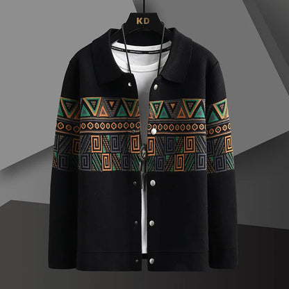 Relaxed fit men's tribal knit cardigan jacket, button-up, with an eye-catching Aztec design for comfort.