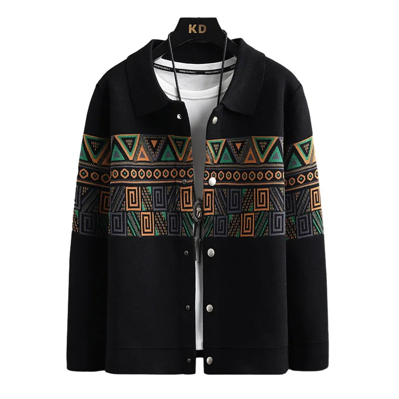 Trendy men's fall fashion: tribal knit cardigan jacket showcasing an intricate Aztec pattern, great for layering.