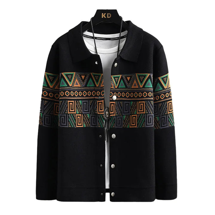 Trendy men's fall fashion: tribal knit cardigan jacket showcasing an intricate Aztec pattern, great for layering.