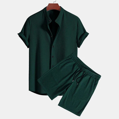 Stylish men's two-piece polo set featuring a chic mandarin collar. Knit fabric ensures comfort for summer casual looks.