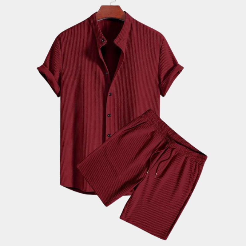Breathable men's casual two-piece polo set with a unique mandarin collar. Comfortable for summer, relaxed fit styling.
