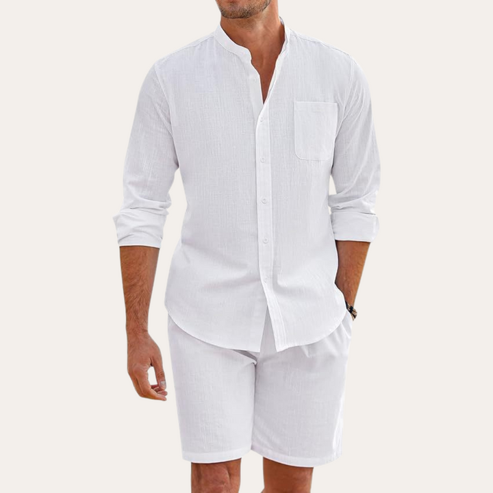 Relaxed fit men's summer set: mandarin collar long sleeve shirt & comfortable shorts. Perfect vacation outfit.