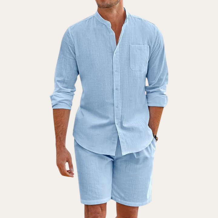 Men's button-up long sleeve shirt & casual shorts. Two-piece summer set for beach & relaxed outings.