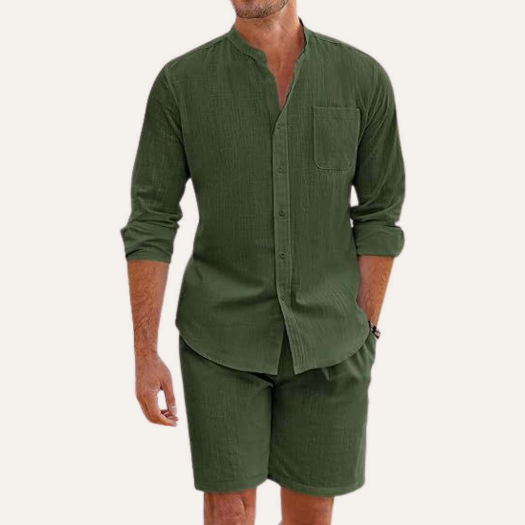 Lightweight men's two-piece summer set featuring a long sleeve shirt & shorts. Great for warm weather.
