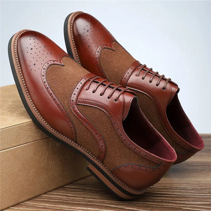 Stylish men's two-tone brogue oxfords, versatile dress shoes for modern masculine fashion.