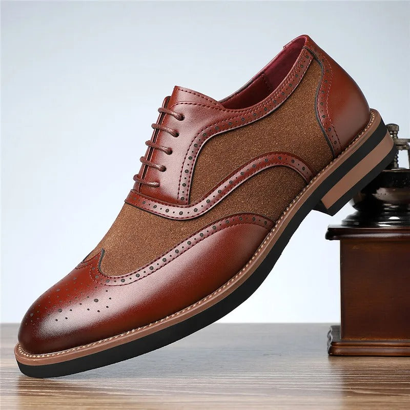 Classic two-tone brogue oxfords, men's formal dress shoes with elegant perforations.