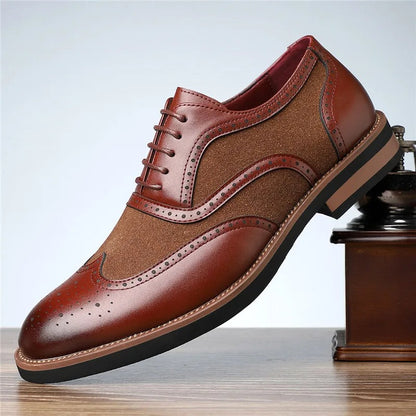Classic two-tone brogue oxfords, men's formal dress shoes with elegant perforations.