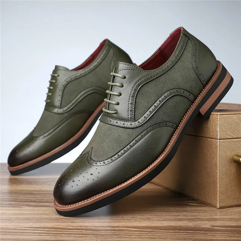 Two-tone brogue oxfords, men's classic dress shoes, showcasing a refined wingtip design.