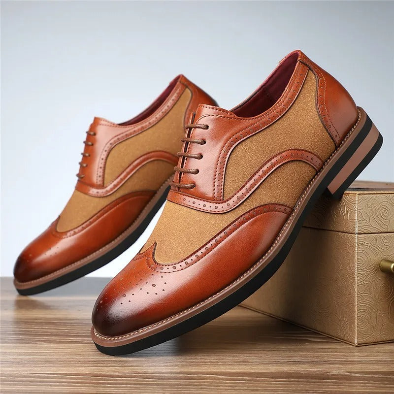 Elegant men's two-tone brogue oxfords, classic wingtip design, smart casual footwear.