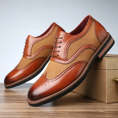 Elegant men's two-tone brogue oxfords, classic wingtip design, smart casual footwear.