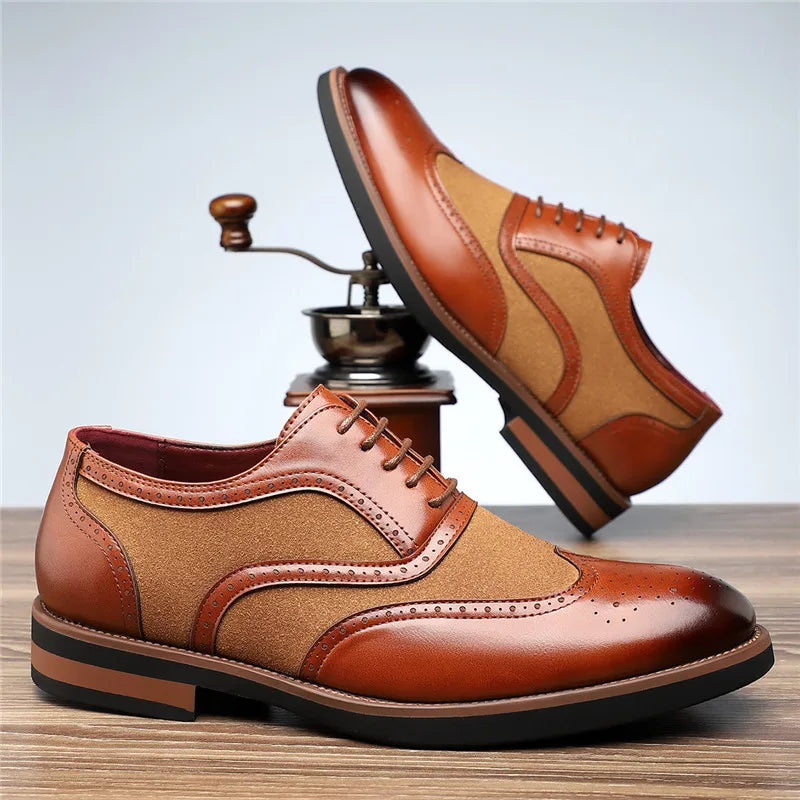 Men's two-tone brogue oxfords, smart dress shoes featuring distinctive wingtip perforations.