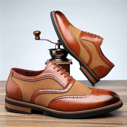 Men's two-tone brogue oxfords, smart dress shoes featuring distinctive wingtip perforations.