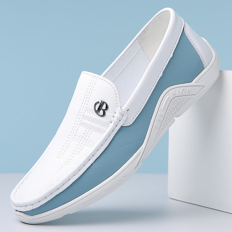 Men's slip-on two-tone loafers, combining comfort with dress shoe appeal and style.
