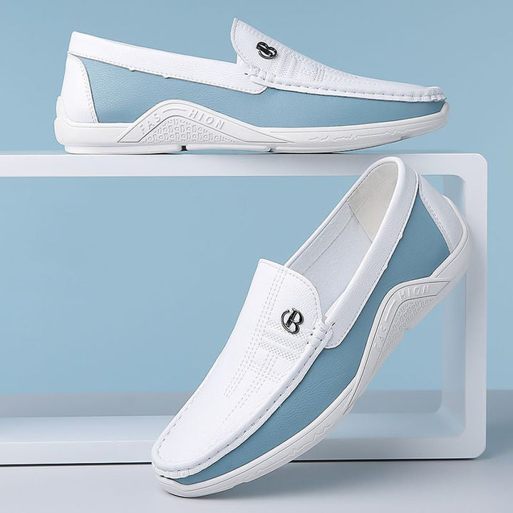 Comfortable men's slip-on dress shoes with a unique two-tone design, smart casual.