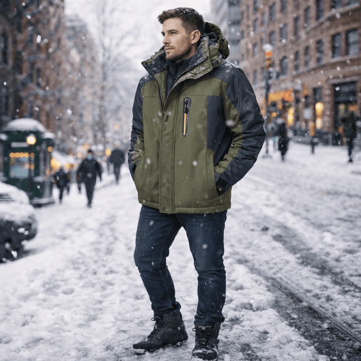 Durable waterproof fabric of men's all-weather winter jacket, ideal for cold outdoor adventures.