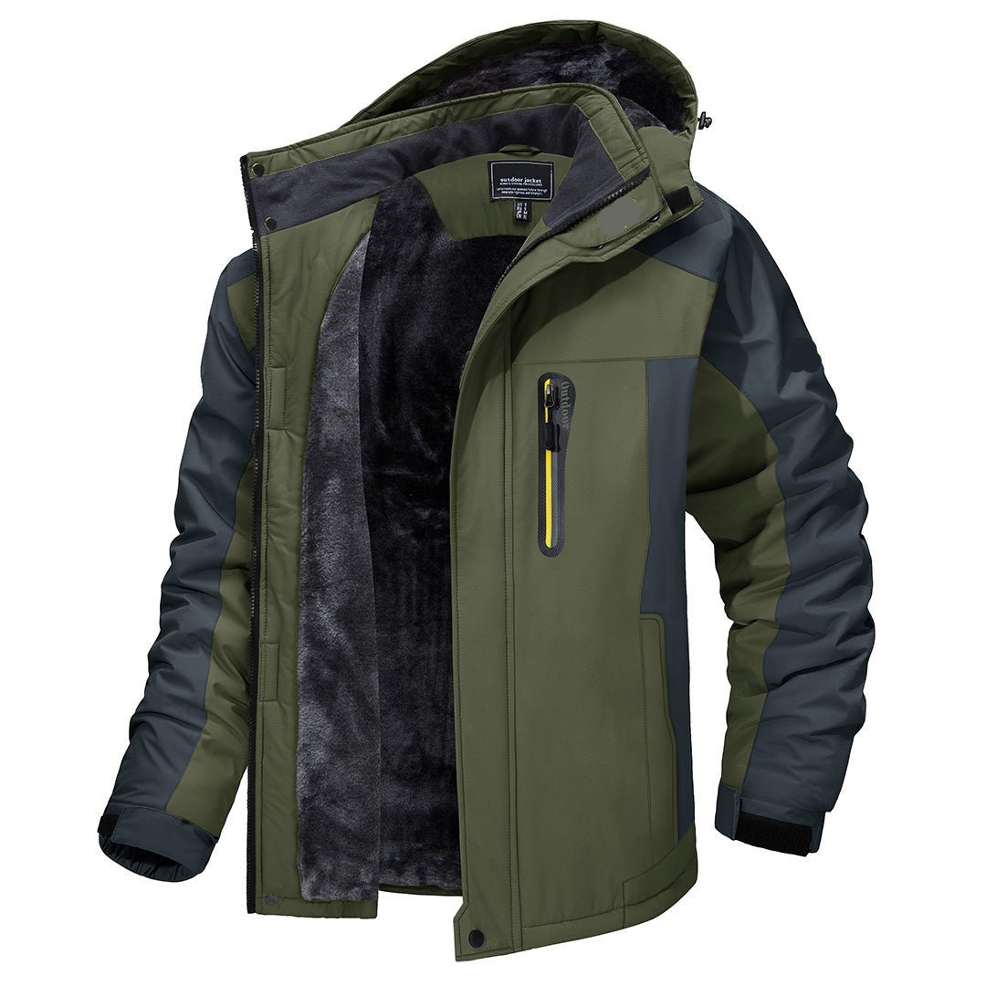 Man trekking in a warm, windproof men's winter coat, navigating a snowy trail, staying dry.