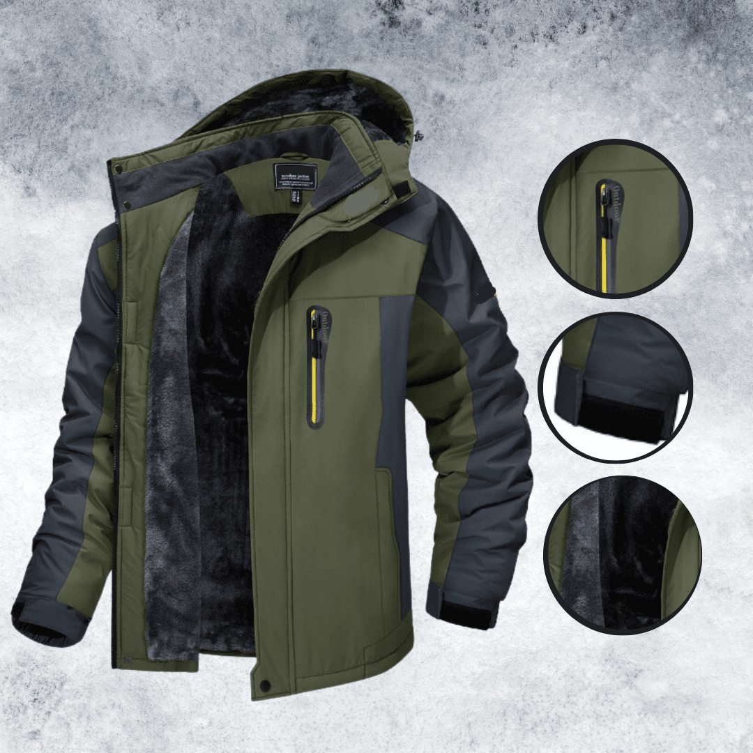 Adjustable hood on men's ultimate all-weather winter coat, protecting from wind and snow. Outdoor gear.