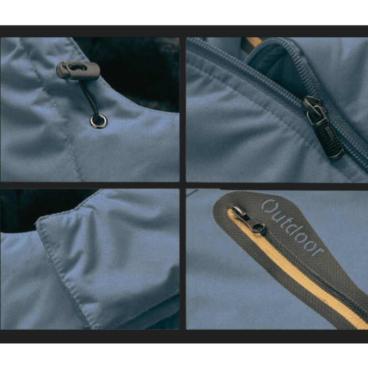 Rear view of men's functional all-weather winter jacket, showcasing durable design for outdoor cold weather.