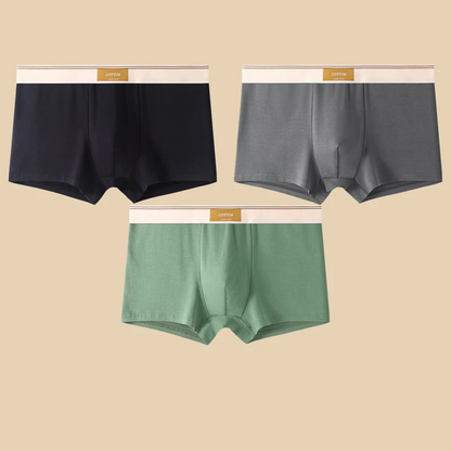 Men's underwear set: three ultimate no-roll boxer briefs, designed for sweat-wicking and comfortable daily wear.
