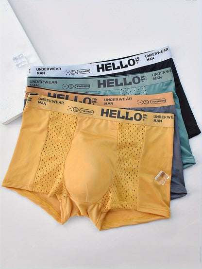 Close-up of ultra-breathable mesh fabric on men's boxer briefs, showcasing quick-dry & sweat-wicking.